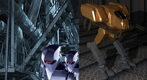 two images of dangerous looking robots in industrial warehouses